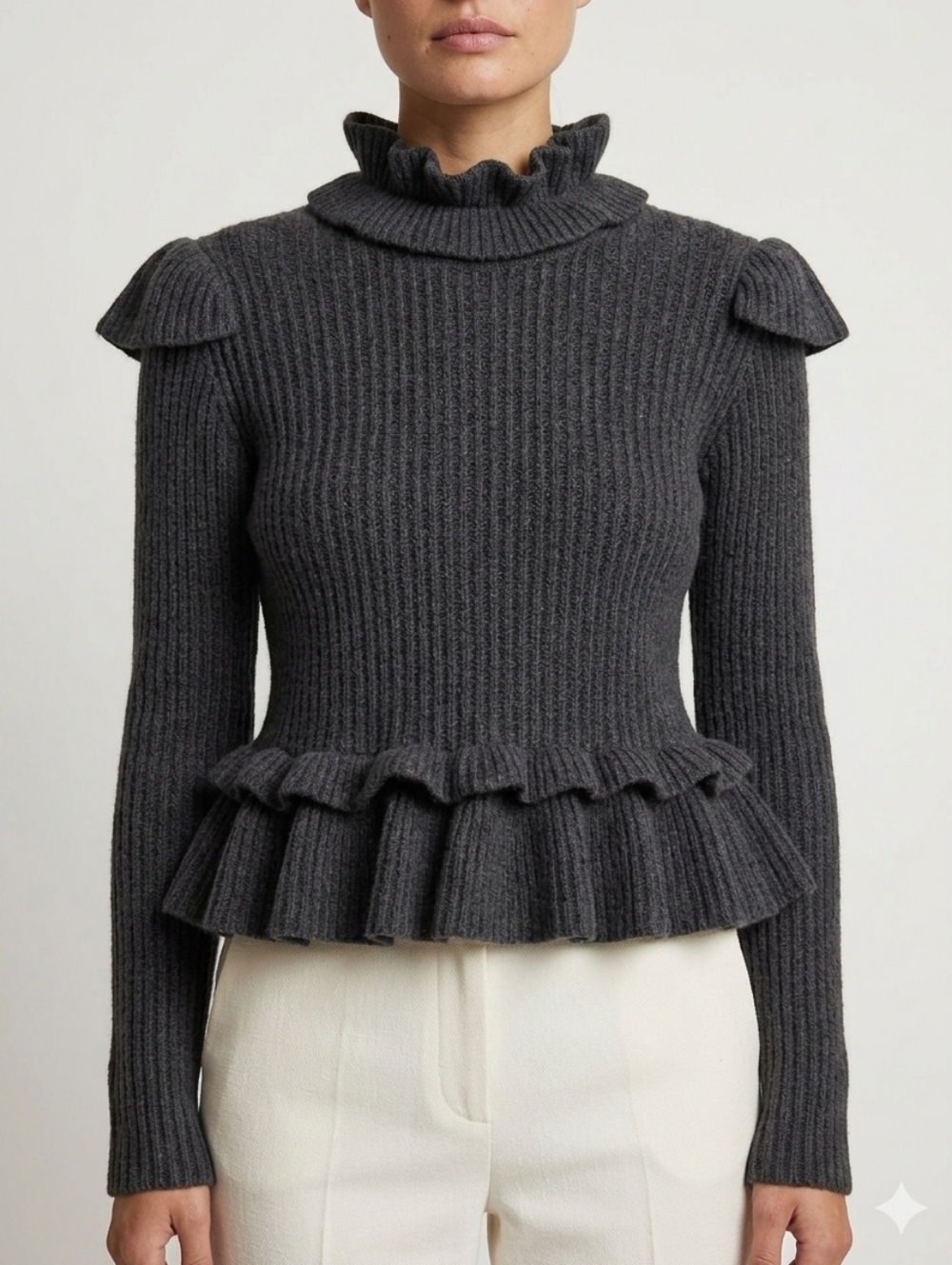 GANNI Frill Rib Knit Open Back Ruffle Peplum Wool Blend Sweater Gray S Cutout